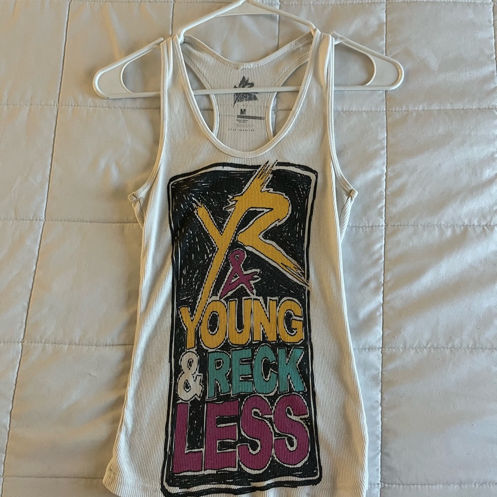 White Tank Top with Multicolor 'Young & Reckless' Graphic